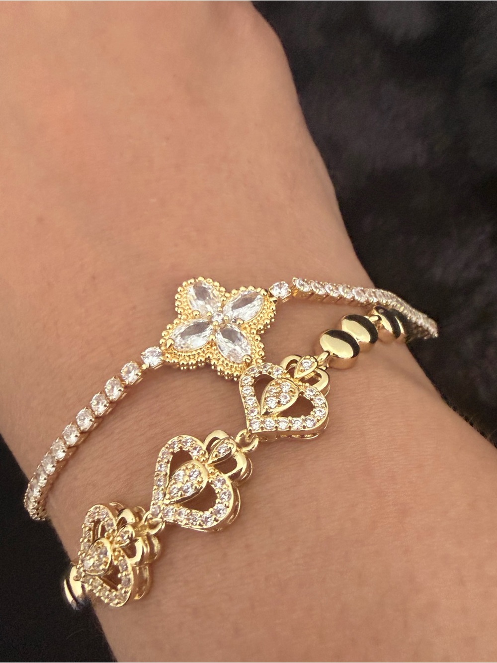New Gold-Tone Stainless Steel Bracelet Set Heart & Floral Sparkle 2-Piece